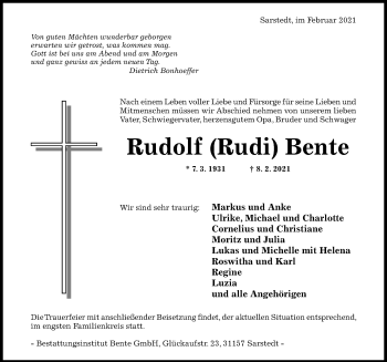 Traueranzeige von Rudolf Bente von Hildesheimer Allgemeine Zeitung