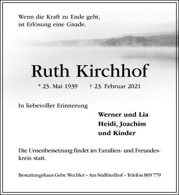 Traueranzeige von Ruth Kirchhof von Hildesheimer Allgemeine Zeitung