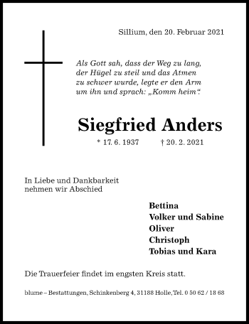 Traueranzeige von Siegfried Anders von Hildesheimer Allgemeine Zeitung