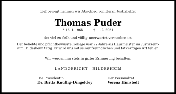 Traueranzeige von Thomas Puder von Hildesheimer Allgemeine Zeitung