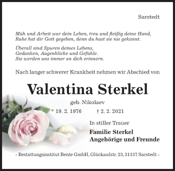 Traueranzeige von Valentina Sterkel von Hildesheimer Allgemeine Zeitung