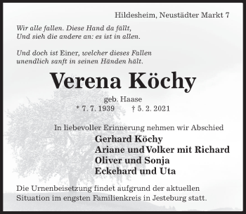 Traueranzeige von Verena Köchy von Hildesheimer Allgemeine Zeitung