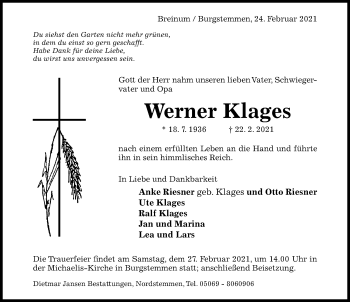 Traueranzeige von Werner Klages von Hildesheimer Allgemeine Zeitung