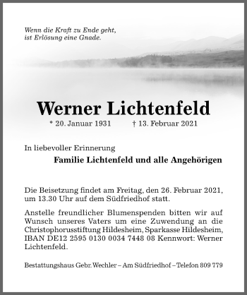 Traueranzeige von Werner Lichtenfeld von Hildesheimer Allgemeine Zeitung
