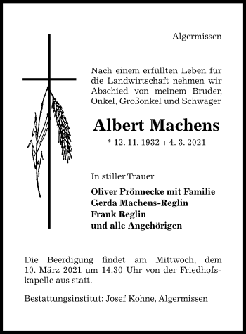 Traueranzeige von Albert Machens von Hildesheimer Allgemeine Zeitung