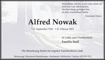Traueranzeige von Alfred Nowak von Hildesheimer Allgemeine Zeitung