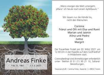 Traueranzeige von Andreas Finke von Hildesheimer Allgemeine Zeitung