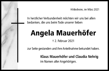 Traueranzeige von Angela Mauerhöfer von Hildesheimer Allgemeine Zeitung