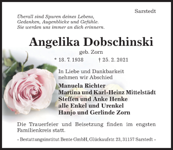 Traueranzeige von Angelika Dobschinski von Hildesheimer Allgemeine Zeitung
