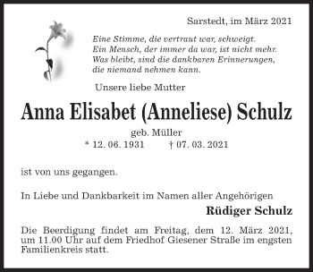Traueranzeige von Anna Elisabet Schulz von Hildesheimer Allgemeine Zeitung