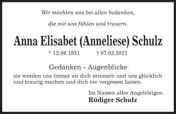 Traueranzeige von Anna Elisabet Schulz von Hildesheimer Allgemeine Zeitung