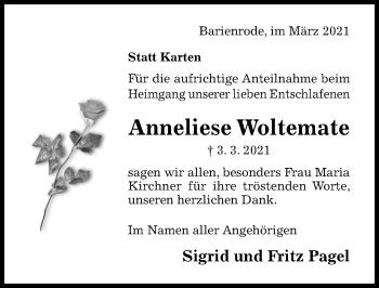 Traueranzeige von Anneliese Woltemate von Hildesheimer Allgemeine Zeitung