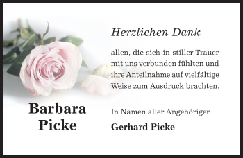 Traueranzeige von Barbara Picke von Hildesheimer Allgemeine Zeitung