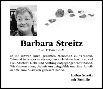 Traueranzeige von Barbara Streitz von Hildesheimer Allgemeine Zeitung