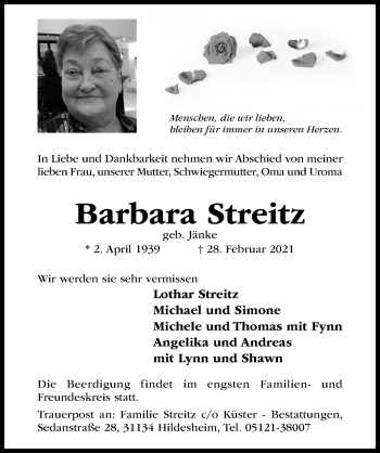 Traueranzeige von Barbara Streitz von Hildesheimer Allgemeine Zeitung