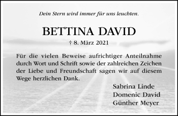 Traueranzeige von Bettina David von Hildesheimer Allgemeine Zeitung