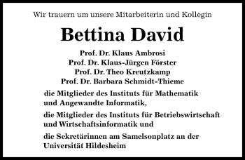 Traueranzeige von Bettina David von Hildesheimer Allgemeine Zeitung