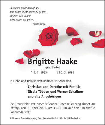 Traueranzeige von Brigitte Haake von Hildesheimer Allgemeine Zeitung