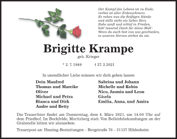 Traueranzeige von Brigitte Krampe von Hildesheimer Allgemeine Zeitung