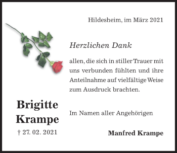 Traueranzeige von Brigitte Krampe von Hildesheimer Allgemeine Zeitung