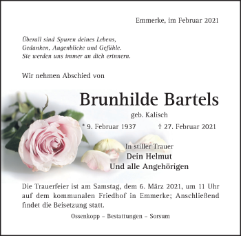 Traueranzeige von Brunhilde Bartels von Hildesheimer Allgemeine Zeitung