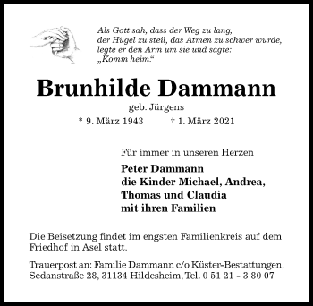 Traueranzeige von Brunhilde Dammann von Hildesheimer Allgemeine Zeitung