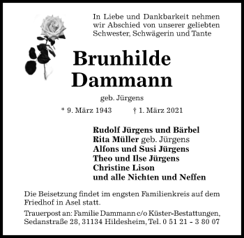Traueranzeige von Brunhilde Dammann von Hildesheimer Allgemeine Zeitung