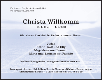 Traueranzeige von Christa Willkomm von Hildesheimer Allgemeine Zeitung