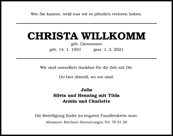 Traueranzeige von Christa Willkomm von Hildesheimer Allgemeine Zeitung