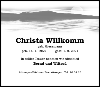 Traueranzeige von Christa Willkomm von Hildesheimer Allgemeine Zeitung