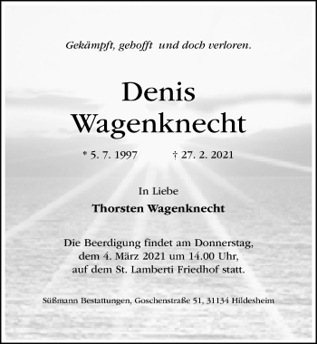 Traueranzeige von Denis Wagenknecht von Hildesheimer Allgemeine Zeitung