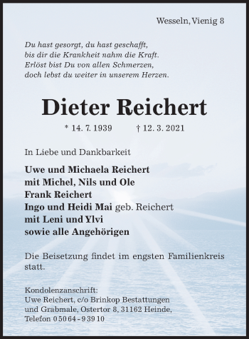 Traueranzeige von Dieter Reichert von Hildesheimer Allgemeine Zeitung