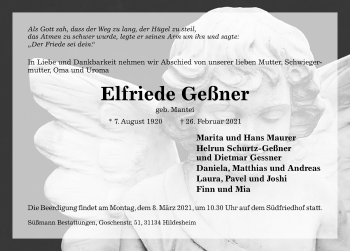Traueranzeige von Elfriede Geßner von Hildesheimer Allgemeine Zeitung