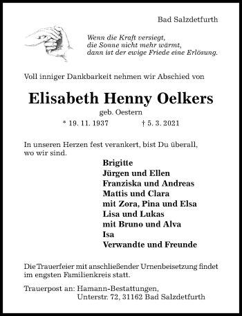 Traueranzeige von Elisabeth Henny Oelkers von Hildesheimer Allgemeine Zeitung