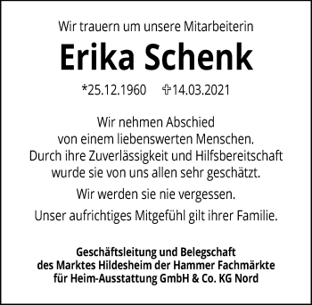 Traueranzeige von Erika Schenk von Hildesheimer Allgemeine Zeitung