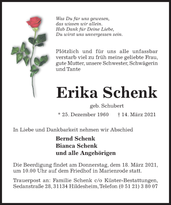 Traueranzeige von Erika Schenk von Hildesheimer Allgemeine Zeitung