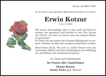 Traueranzeige von Erwin Kotzur von Hildesheimer Allgemeine Zeitung