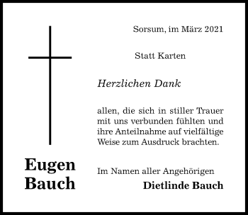 Traueranzeige von Eugen Bauch von Hildesheimer Allgemeine Zeitung