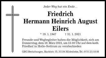 Traueranzeige von Friedrich Hermann Heinrich August Eilers von Hildesheimer Allgemeine Zeitung