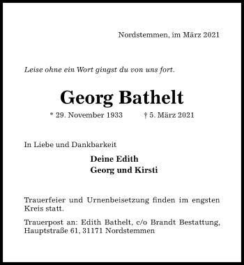 Traueranzeige von Georg Bathelt von Hildesheimer Allgemeine Zeitung