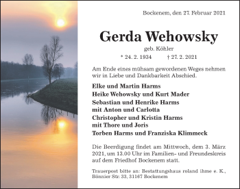 Traueranzeige von Gerda Wehowsky von Hildesheimer Allgemeine Zeitung