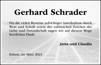 Traueranzeige von Gerhard Schrader von Hildesheimer Allgemeine Zeitung