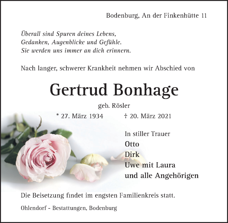 Traueranzeigen Von Gertrud Bonhage Trauerportal Hildesheimer Allgemeine Zeitung 