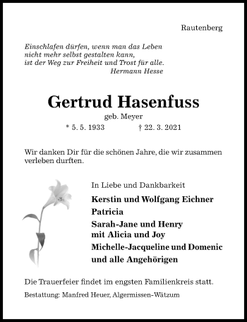 Traueranzeige von Gertrud Hasenfuss von Hildesheimer Allgemeine Zeitung