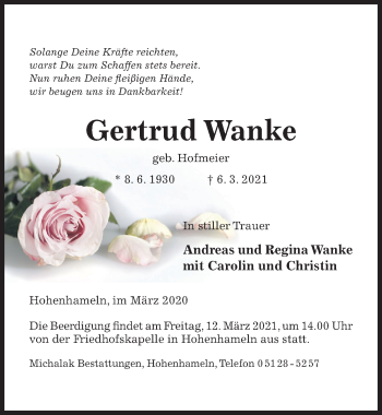 Traueranzeige von Gertrud Wanke von Hildesheimer Allgemeine Zeitung