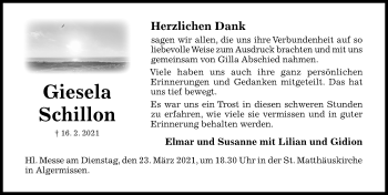 Traueranzeige von Giesela  Schillon von Hildesheimer Allgemeine Zeitung