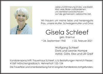 Traueranzeige von Gisela Schleef von Hildesheimer Allgemeine Zeitung