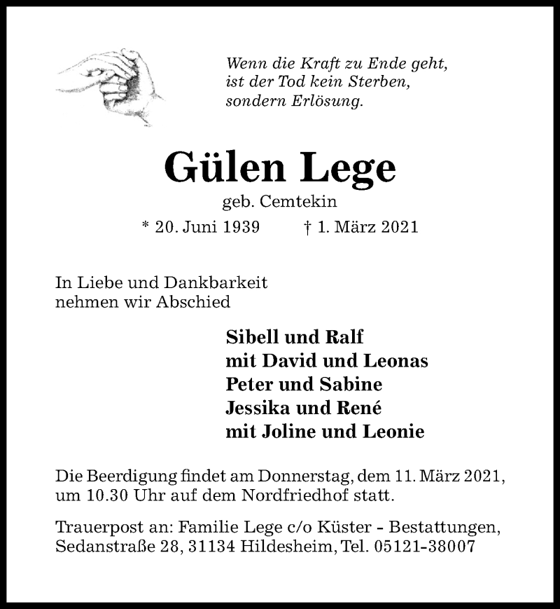  Traueranzeige für Gülen Lege vom 06.03.2021 aus Hildesheimer Allgemeine Zeitung