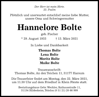 Traueranzeige von Hannelore Bolte von Hildesheimer Allgemeine Zeitung