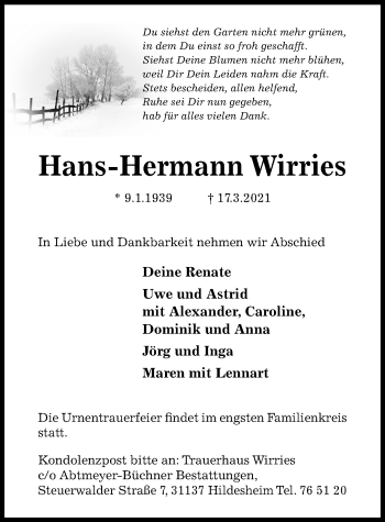 Traueranzeige von Hans-Hermann Wirries von Hildesheimer Allgemeine Zeitung